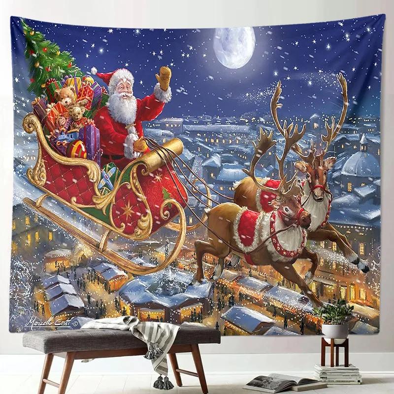 Christmas Tapestry Funny Santa Claus Xmas Tree Balls Gifts Fireplace Home Decor Art Wall Hanging for Dorm Bedroom Living Room
