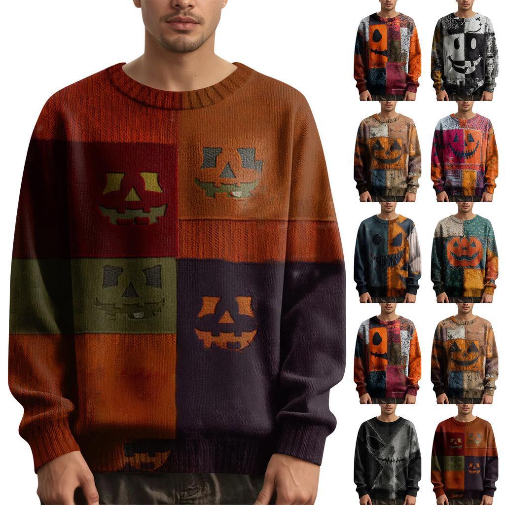 Men's Long Sleeve Pullover Sweater Casual Halloween Print Knit Oversized Sweater