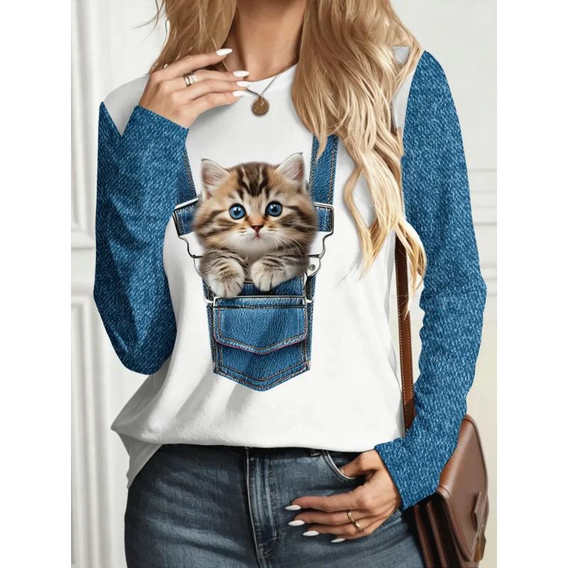 Fashion Women's Crew Neck Long Sleeve 3D Casual Color Printing Casual Short Sleeve Crew Neck T-Shirt