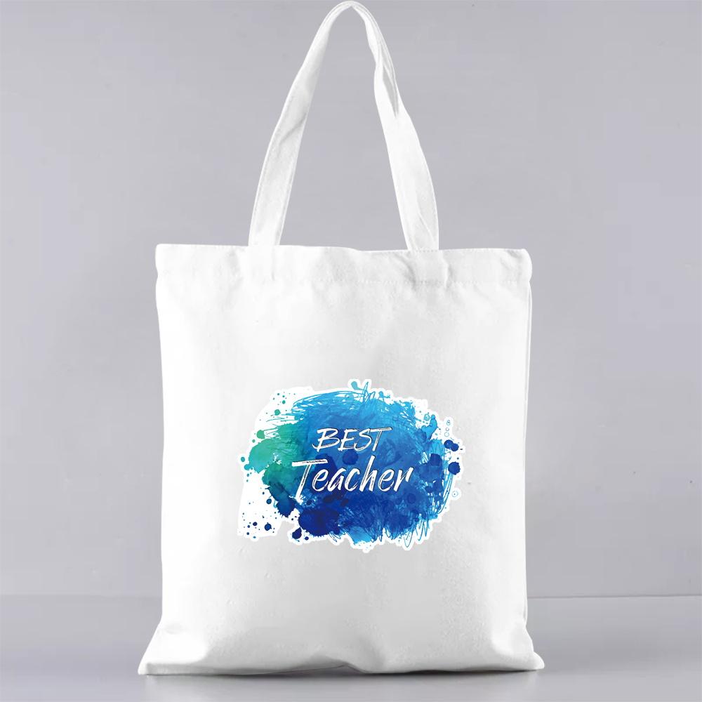 Fashion Shopping Bag Handbag Commuter Casual Shoulder Bag Reusable Canvas Bag White Cartoon Teacher Pattern Printing Tote Bag
