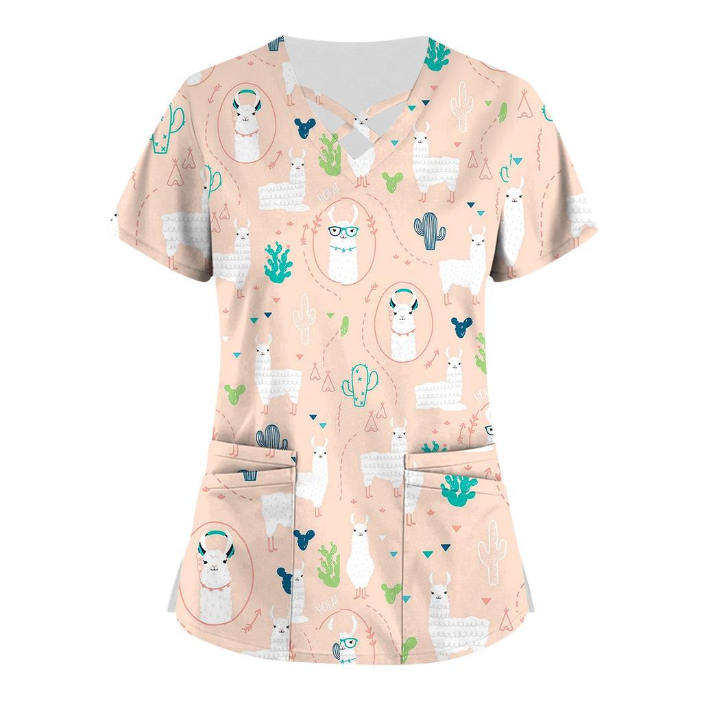 Plus Size Cute Printed Scrub Working Uniform Tops For Women Cross V-Neck Short Sleeve Fun T-Shirts Workwear Tee With Pockets