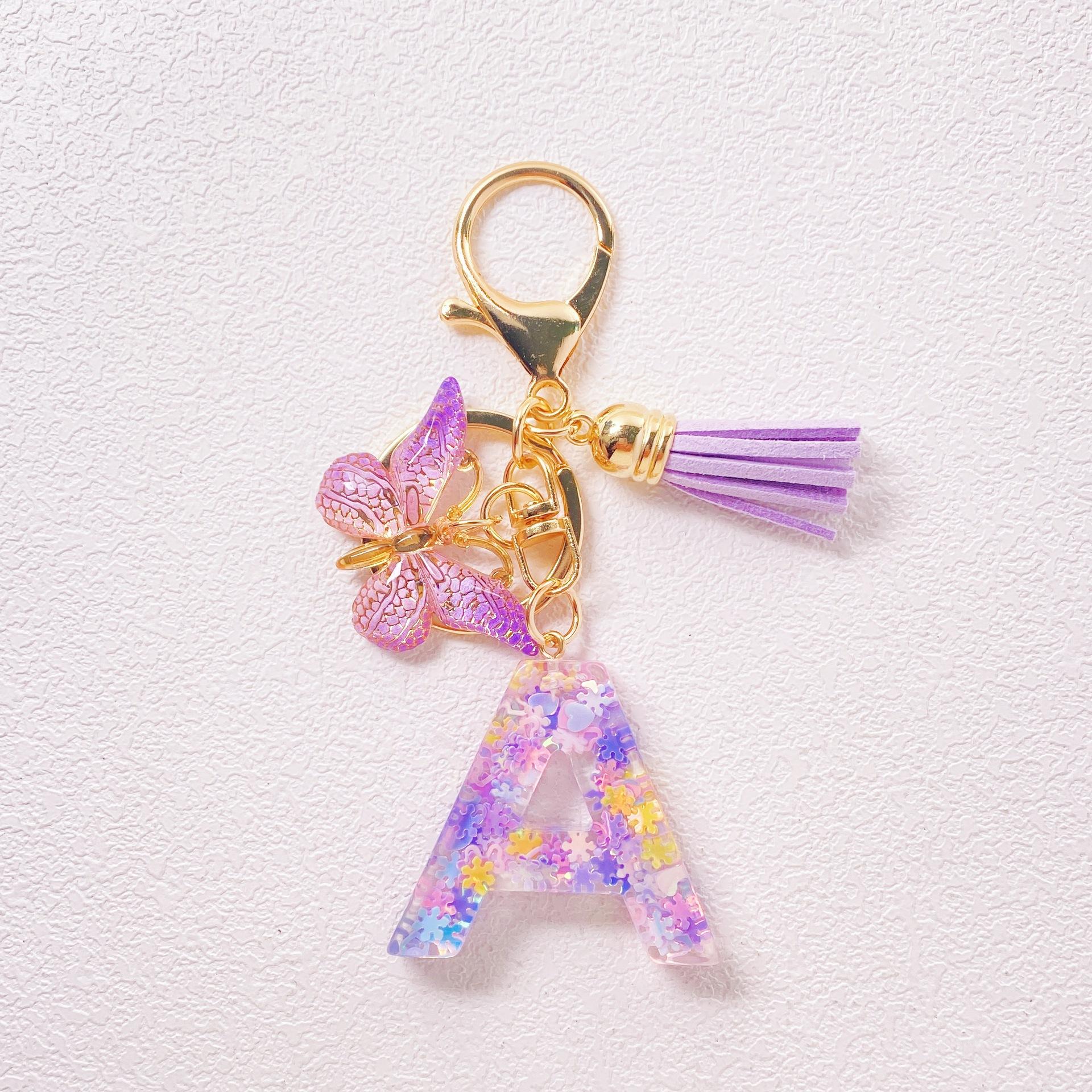 Stylish Purple Letter Keychain Love Sequins Butterfly Tassel Crystal Epoxy Pendant Accessories Ladies Keychain
