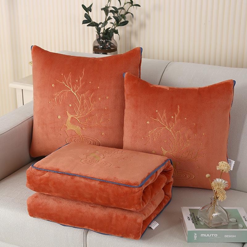 Dual-Use Pillow & Blanket: Crystal Velvet Embroidered Cushion for Car & Office Naps