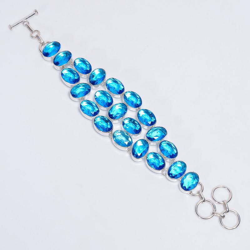 Classic Top Grade Qualite 100% Natural Swiss Blue Topaz Oval Shape Ethnic Style Handmade Jewelry 925 Steling Silver Bracelet 7-9" WSJ-5143