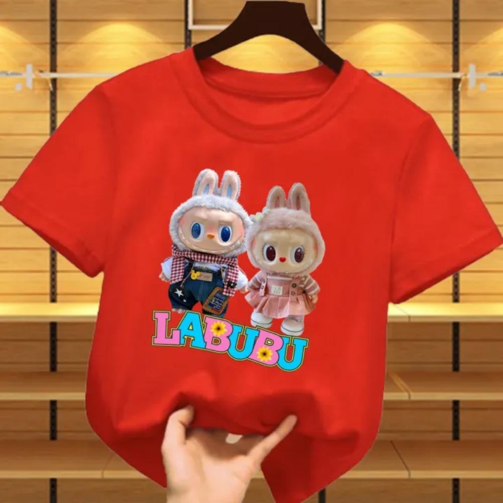 New Labubu Children's T-shirt Scarf LABUBU and Skirt LABUBU Pattern Girl Round Neck Short Sleeve Casual Versatile Clothing
