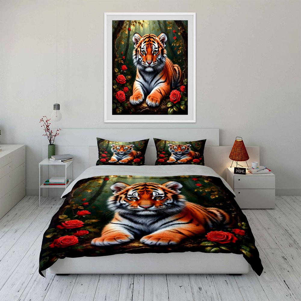 Tiger with Red Roses Forest Bedding Duvet Cover Set  (1*Duvet Cover 2*Pillowcases, Without Duvet Insert)