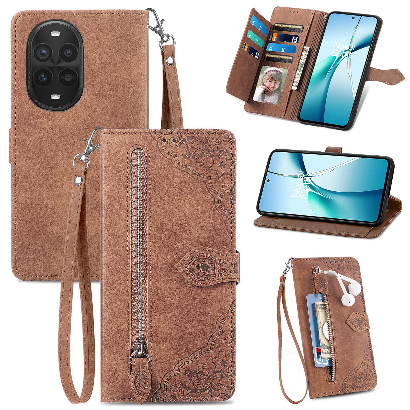 

Чехол-кошелек на молнии для Huawei nova 13 Pro 5G с ремешком, с цветочным тиснением, из ПУ кожи, чехол для телефона Brown