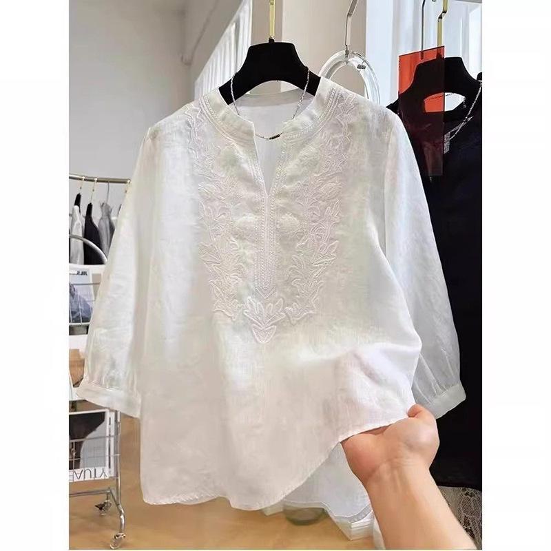 Summer New V-Neck Cotton and Linen Medium Sleeve Top Versatile Loose Versatile Casual Embroidered T-Shirt Femininity Short Sleeve