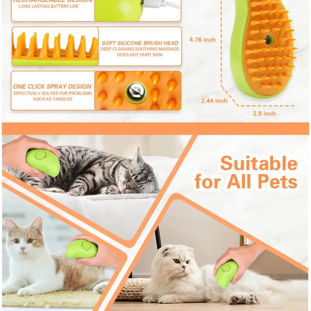 Spazzola a vapore per cani e gatti Spazzola a vapore Spruzzatore elettrico per massaggi Strumento per toelettatura di animali domestici Spargimento 3 in 1 Spray elettrici Pettini per massaggio