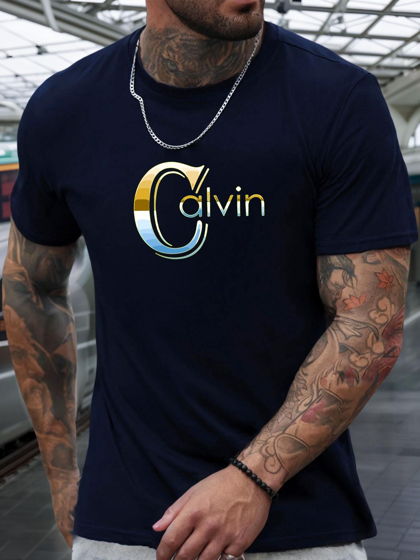 Kurzarm T-Shirt Calvin Herren 100% Baumwolle Muster Gedrucktes Hemd Sommer Rundhals Atmungsaktiv Lässig Mode Cooles T-Shirt L