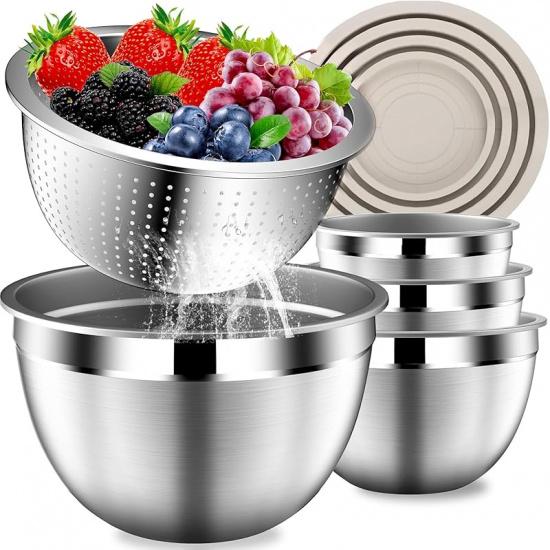 Mixing Bowls with Lids Set, Stainless Steel Mixing Bowls with Colander, Strainer with Mixing Bowl Set, Kitchen Gadgets Bowl Christams Gift, Size 4,