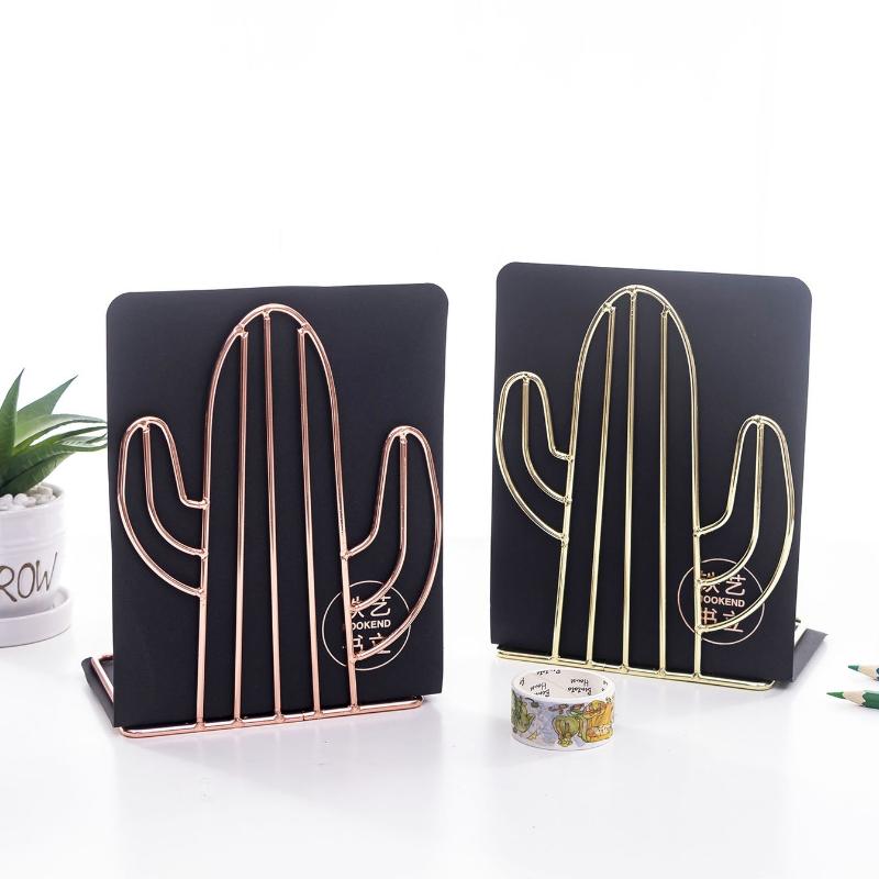 A Pair of Cactus-shaped Nordic-style Rose Gold Iron Bookends Creative Metal Telescopic Bookends and Desktop Storage Racks