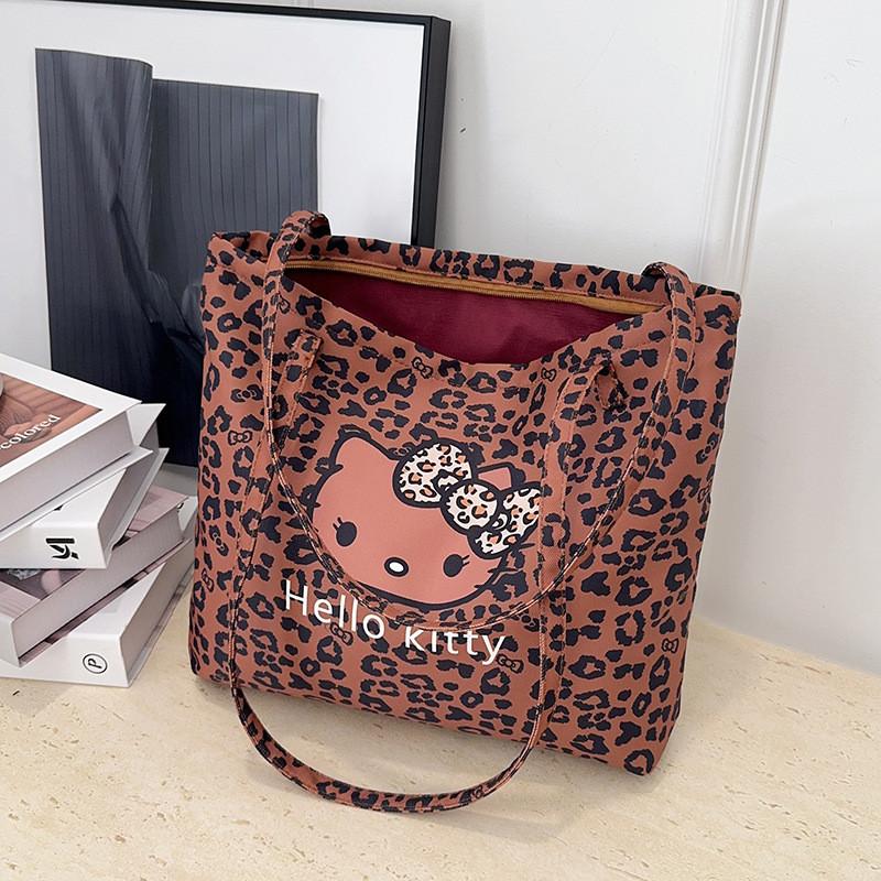 Hello Kitty Leopard Print Canvas Girls Shoulder Bag With Breathable Lightweight Fabric For School And Daily Use