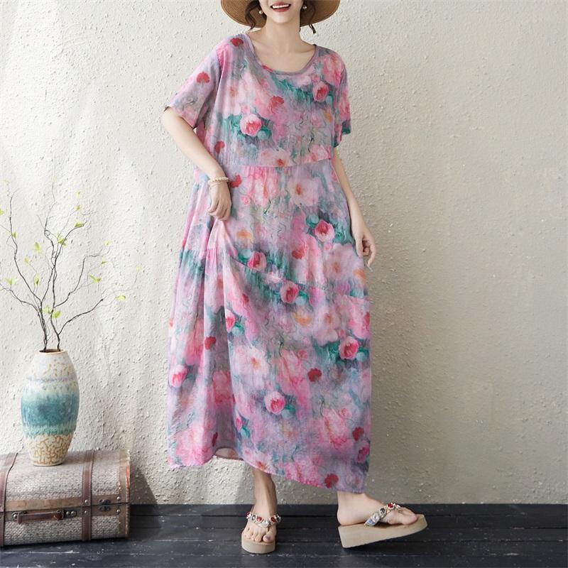 Kurzarm Plus-Size-Baumwolle im Vintage-Stil mit Blumenmuster, neu in Kleidern für Damen, lässiges, lockeres, langes Sommerkleid