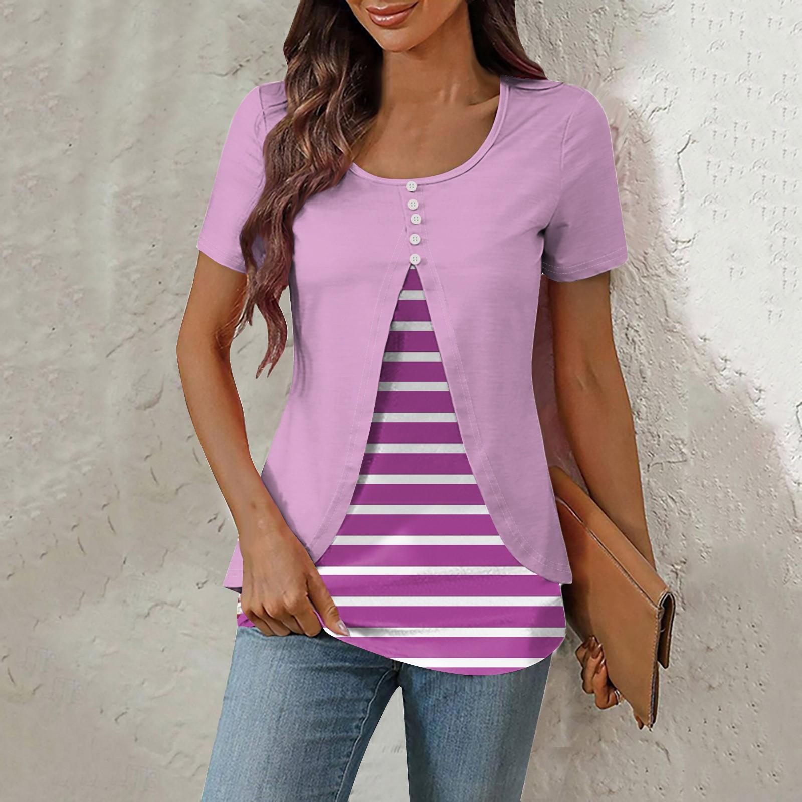 

Рубашки для женщин, топы с короткими рукавами, нарядные летние повседневные блузки в полоску с круглым вырезом и нерегулярным подолом, футболки S розовый