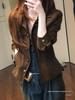 Women's Turn-Down Collar Brown Workwear Jacket, Petite Short Style, Early Autumn American Design