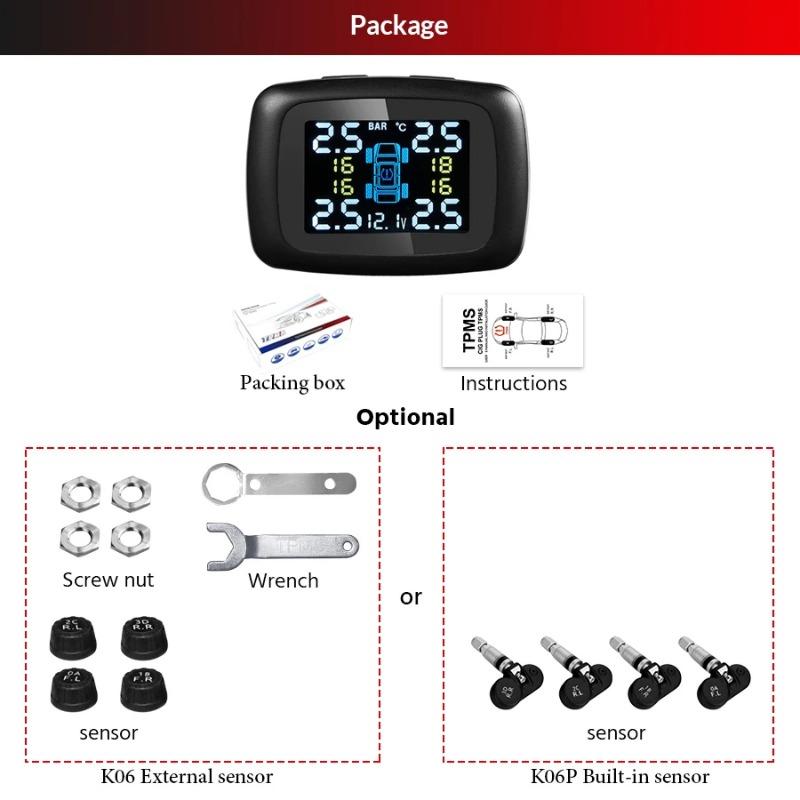 Bildekktrykkovervåkingssystem, med 4 sensorer Smart Device, Display, Temperaturalarm, Sigarettenner, USB, TPMS