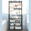 Standing clothes rack for shoes in the hallway with shelves, black, wardrobe