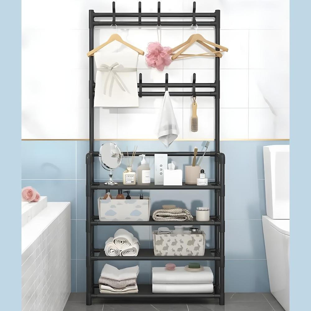 Standing clothes rack for shoes in the hallway with shelves, black, wardrobe