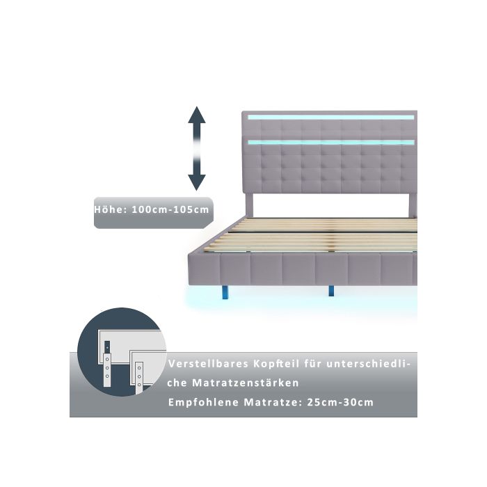 Lit - MUVOE - 140 x 200 cm - Rembourré - LED - Design moderne avec pieds cachés