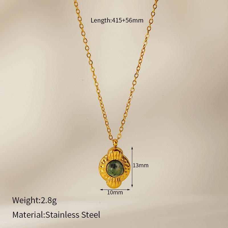 French Vintage Emerald Necklace Geometric Mother Of Pearl Inlay Titanium Steel Pendant Women Jewelry Gift