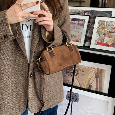 Korean Retro Suede Boston Handbag - Versatile One-Shoulder Crossbody Small Pillow Bag