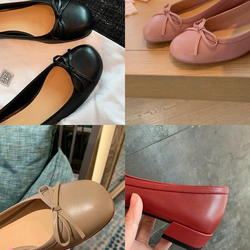 Sheepskin version single shoes women's round head light mouth bow leather shoes versatile thick heel commuter ballet shoes