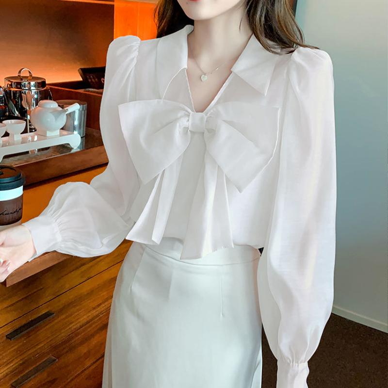 Early Spring Women's Shirt Chiffon V-neck Bowknot Shirt Small Crowd Style Pink Chiffon Shirt with Design