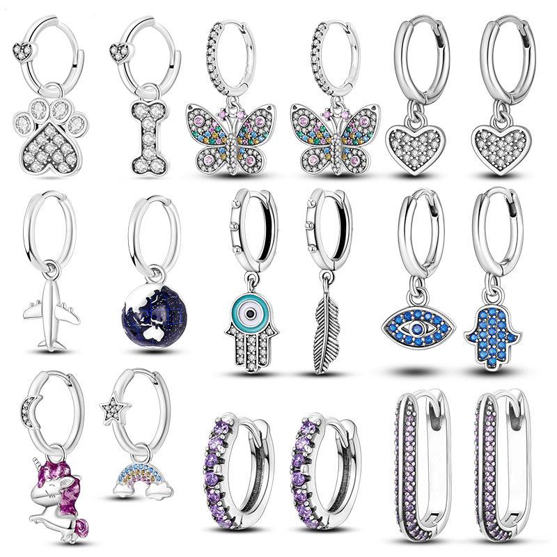 Silver Plated Woman Hoop Earring Original Fashion Travel Airplane Heart Butterfly Fit Girl Jewelry Making Gift