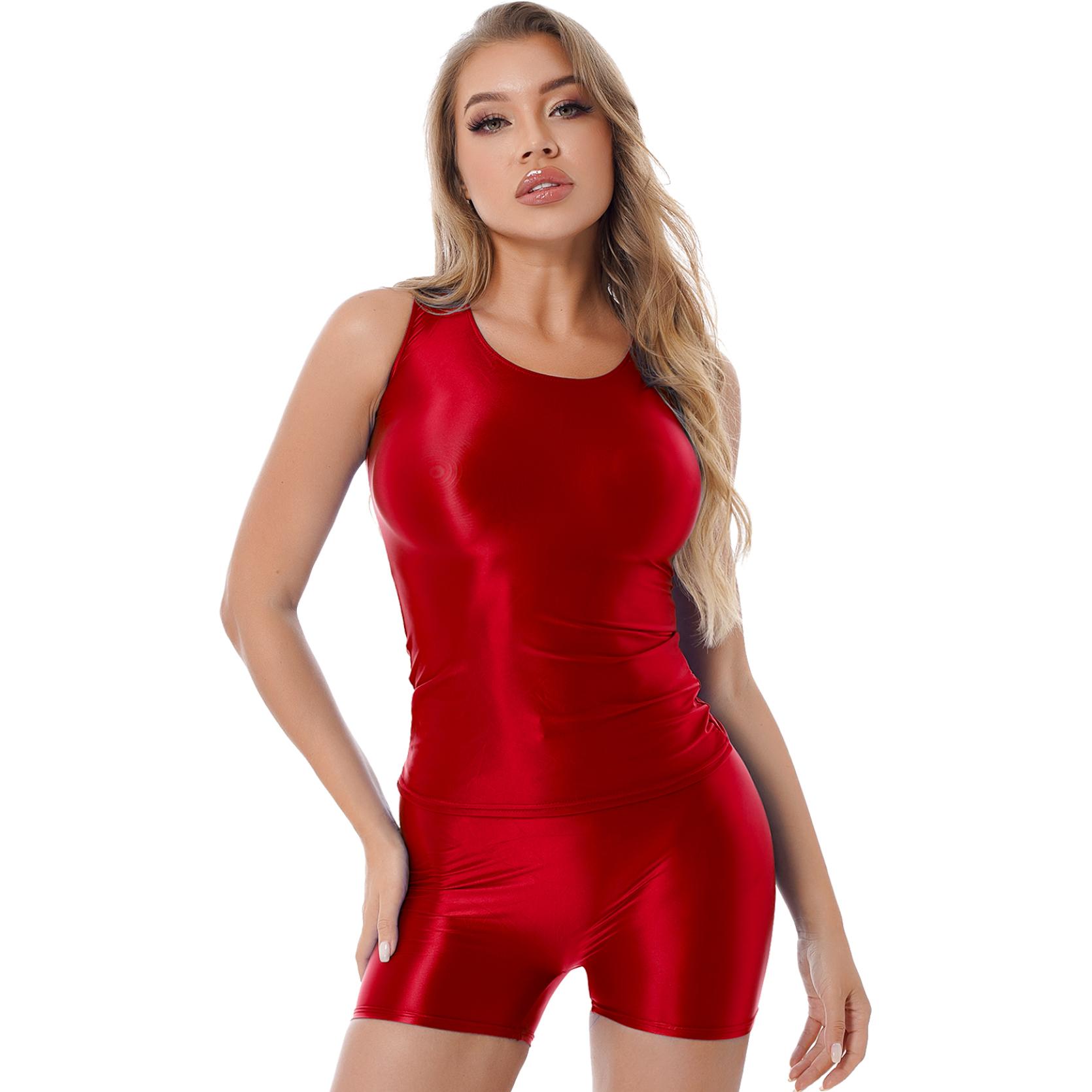 

Жіночий глянсовий купальник, футболка без рукавів із шортами, набір для йоги, спортивний костюм для танців на пілоні, клубний одяг L червоний