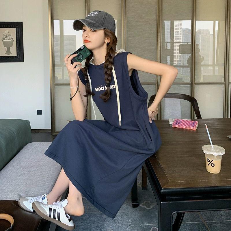 

Women s Blue Sleeveless Hoodie Dress - Knee-Length, College Style, Casual, Age-Reducing, Summer 2026 S (80-100 lbs) синій