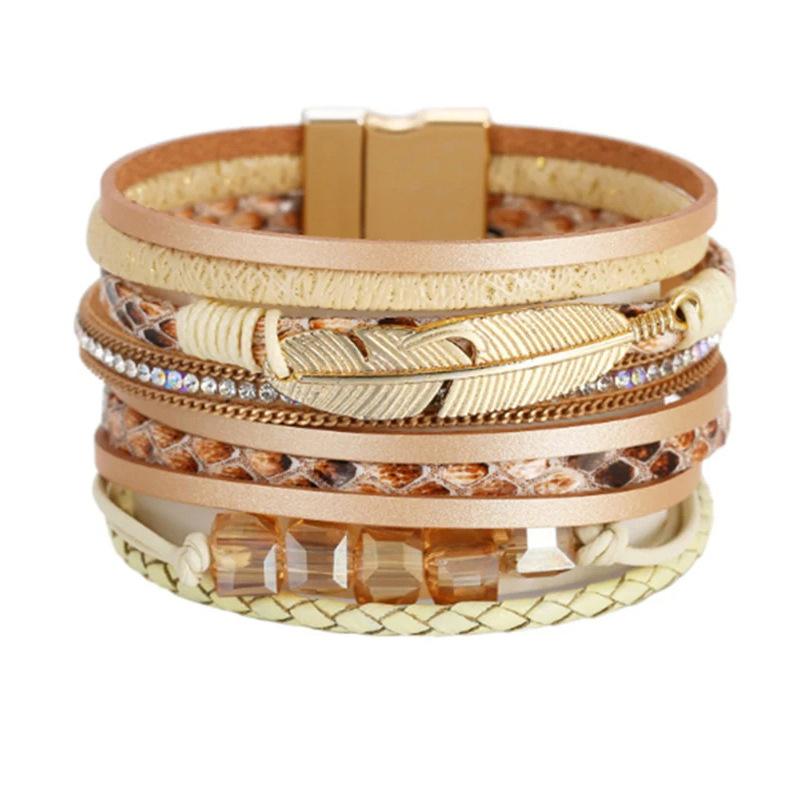 

Богемський шкіряний браслет для жінок у стилі ретро з пір’яними кришталевими намистинами, багатошаровим плетеним браслетом, ювелірними подарунками