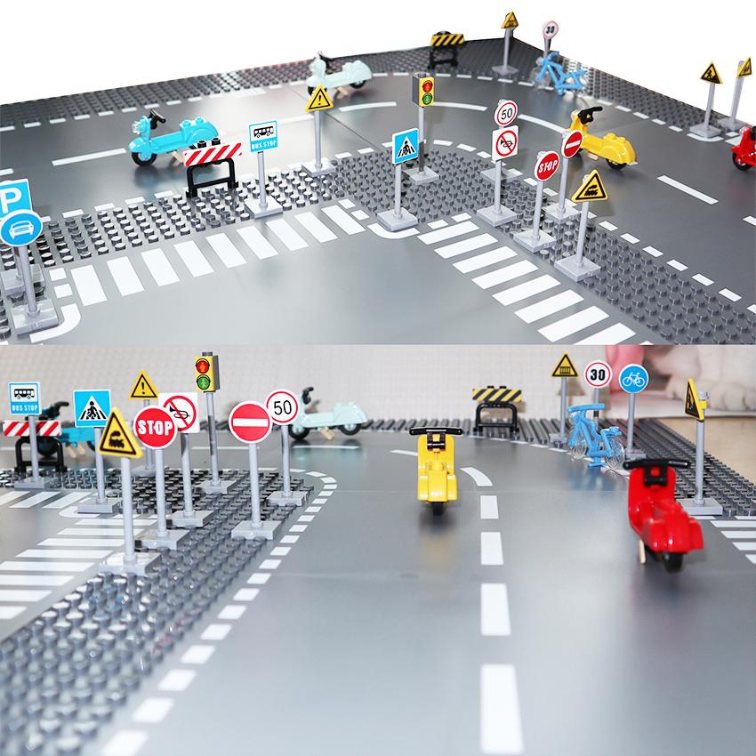 MOC Stadt Ampeln Straßenschilder Straßensperre Ampel Geschwindigkeitsbegrenzung Menschlicher Straßen Parkplatzschild Bausteine Szene Spielzeug