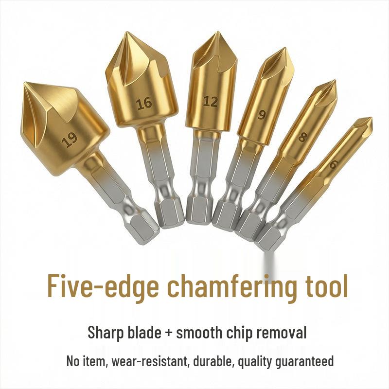 Wine Red 6pc 5-Flute Chamfering Tool & 3pc Woodworking Hole Opener Set