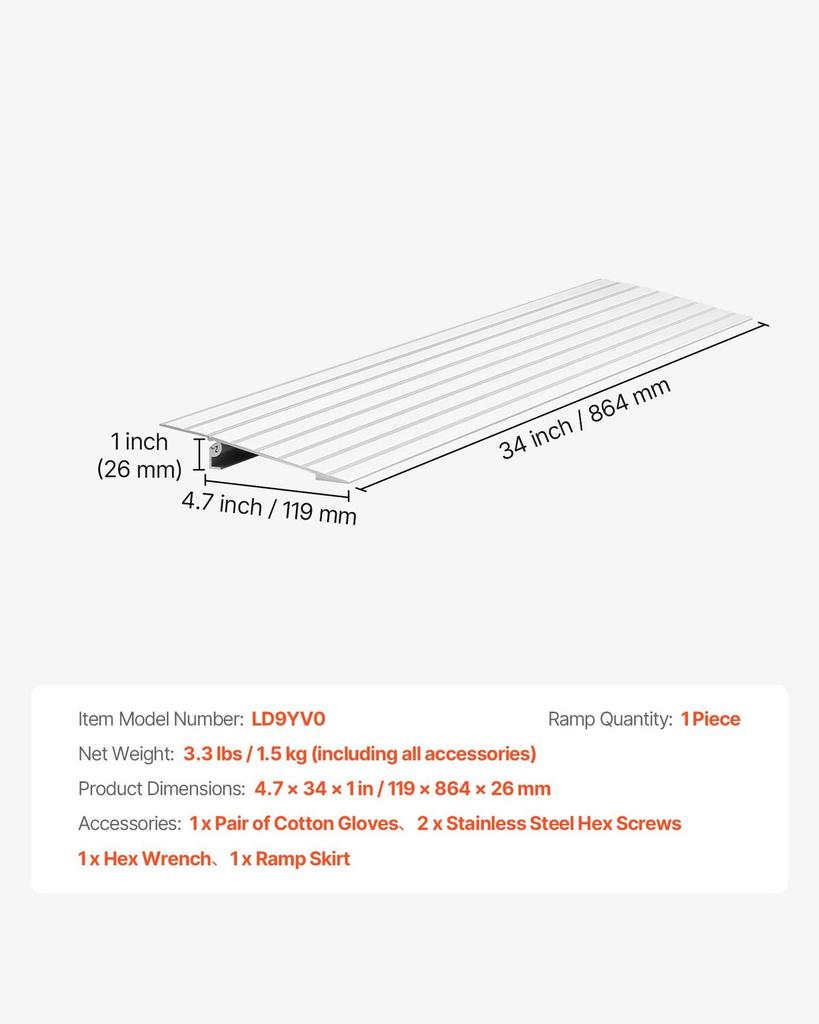 Door Threshold Ramp, 26 Mm Rise, Aluminum Alloy Threshold Ramp Rated 363 Kg Load Capacity, Handicap Ramps for Home Steps for Wheelchair, Scooters,