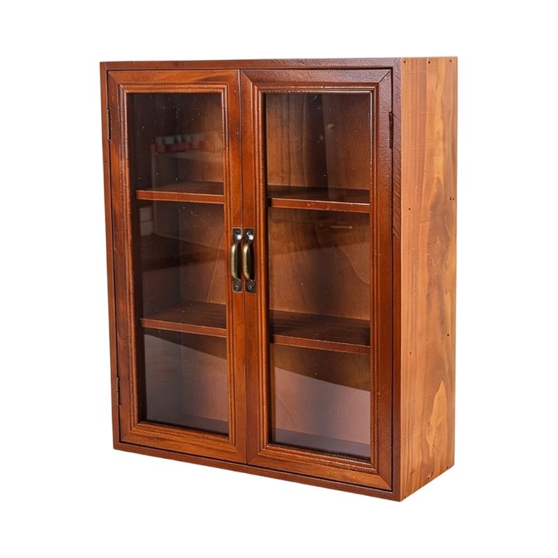 Wooden Desktop Organizers Cabinet with Glass Door for Cosmetics, Stationery, Small Kitchen Items and Decors Use