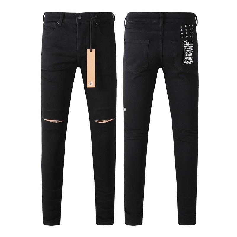 Mens Slim Fit Jeans Punk Style Distressed Printed Denim Pants Teens Casual Wear