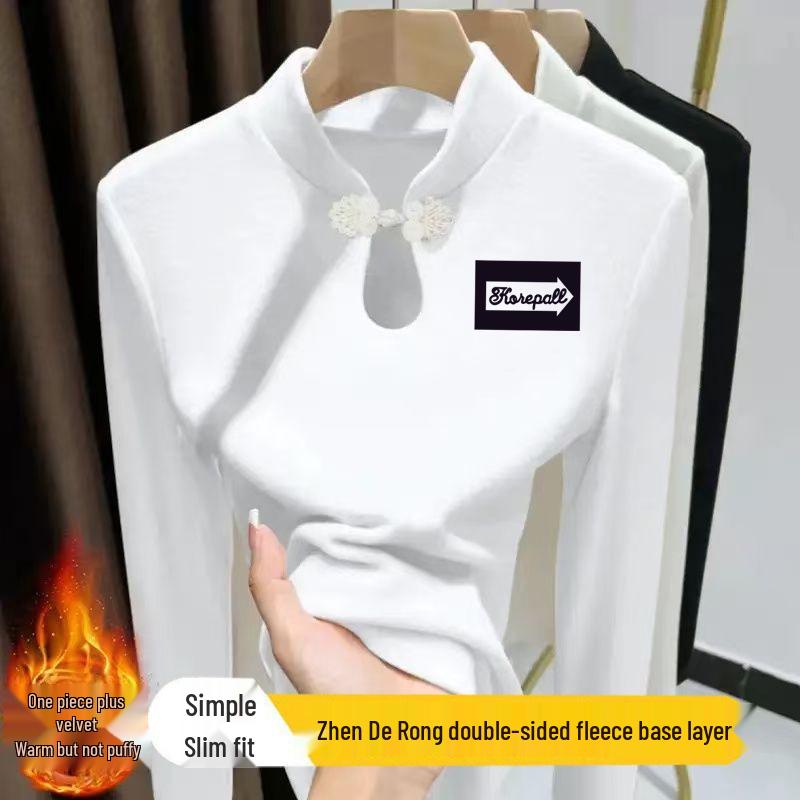 

Женская теплая футболка с длинным рукавом, застежкой на лягушачью пуговицу и воротником «капелька» – принт в китайском стиле для осени/зимы XL белый