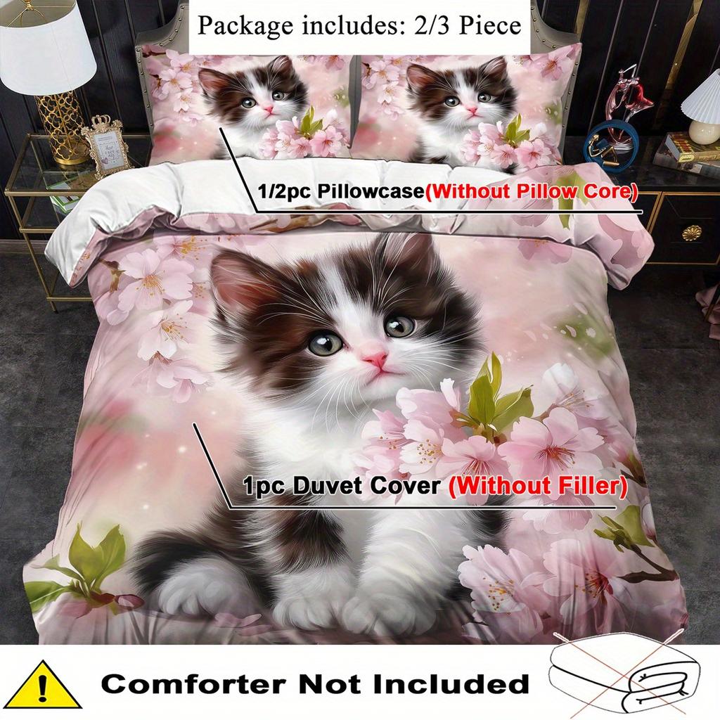 Cat Bedding Set Animal Duvet Cover Set Cartoon Comforter Cover Bedroom Decor Guest Room 2/3pcs 2D Pink Flat Printing (Includes 1 Duvet Cover