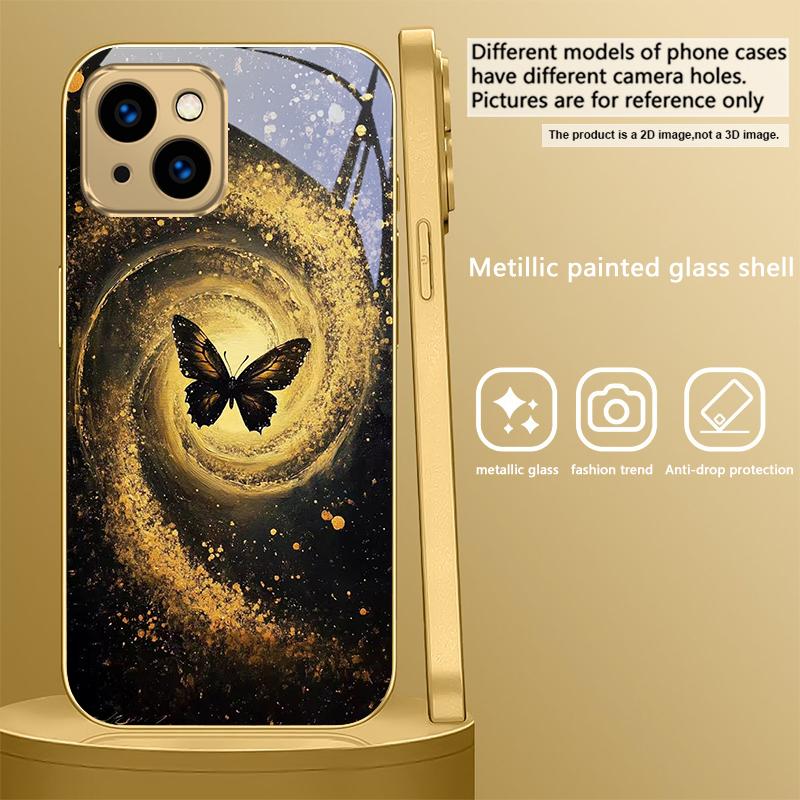 

Vortex Black Butterfly For IPhone 17Pro Max 16 17 Pro 15 Pro 14 13 Plus 12 Mini 11Pro Max XR 16E 17 Air Golden glass phone case iPhone 13 mini