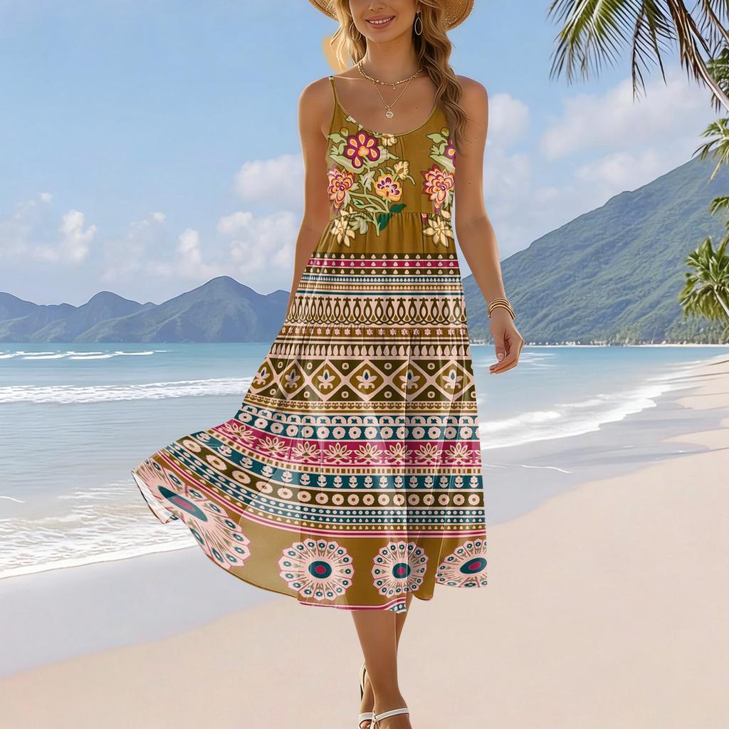Women's Summer Fashion Printed Pocket Adjustable Shoulder Strap Bohemian Leisure Beach Resort Strap Dress