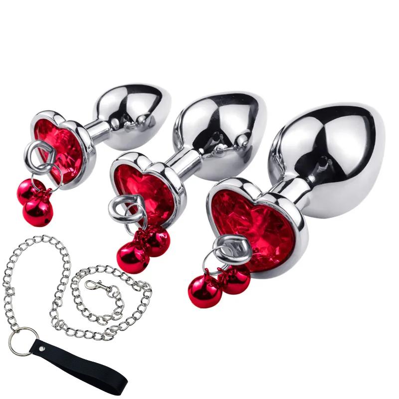 Crystal Heart Buttplug Stainless Steel Leash Chain Anal Plug Bells Pendant Prostate Massager SM Erotic Sex Toys For Women Men