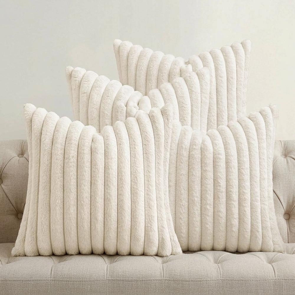 4PCS Soft Plush Pillowcases, Solid Color Striped Faux Rabbit Fur Pillowcases, Living Room Sofa Cushion Covers
