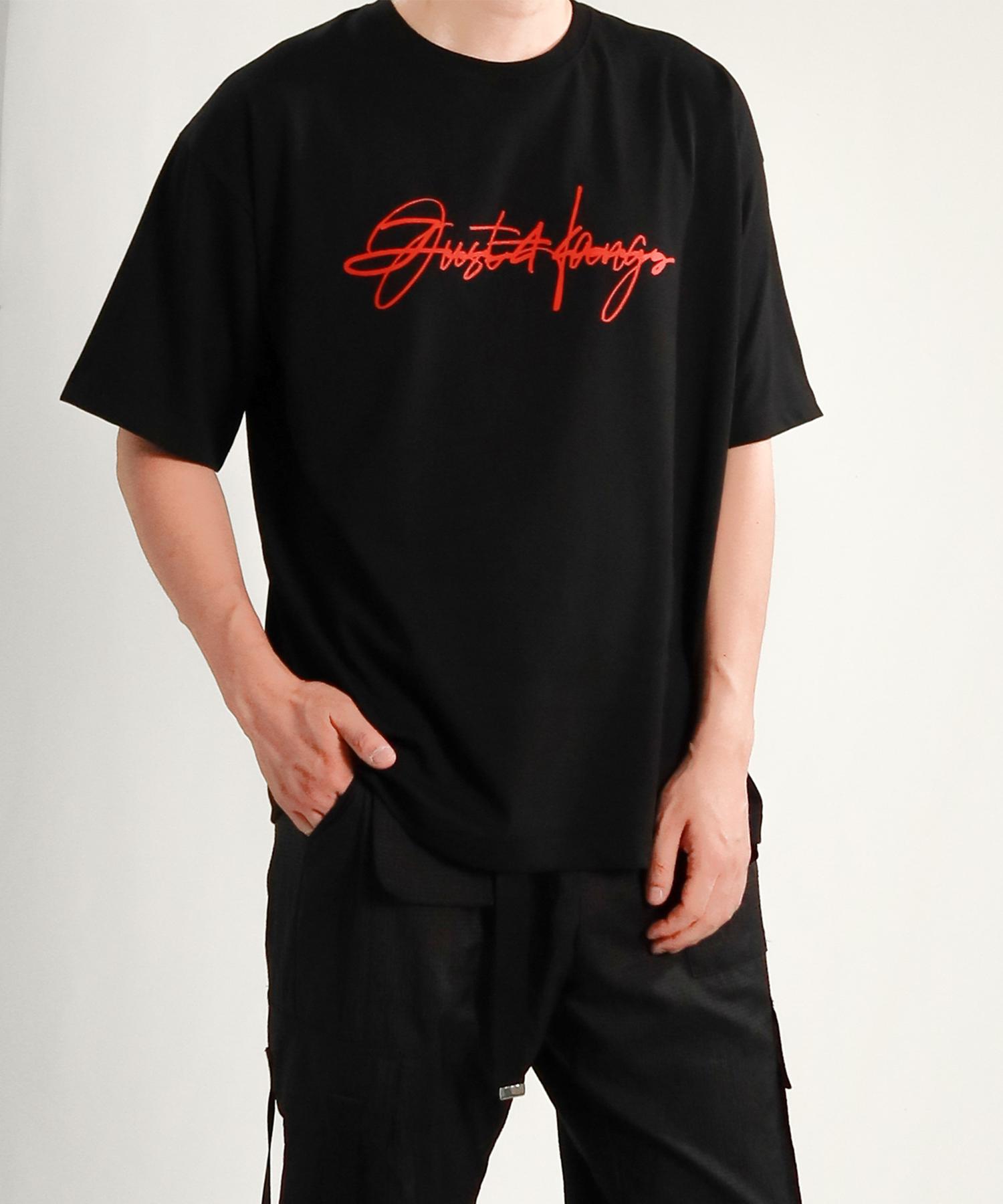 Just Haeng Red Big Logo Oversized Black Short Sleeve Tee F