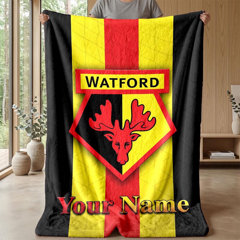 Watford FC Benutzerdefinierter Name Text Flanelldecke Fußball Logo Personalisierte Fleece-Wurfdecke Besonderes Geschenk für Sofa Schlafzimmer Zuhause