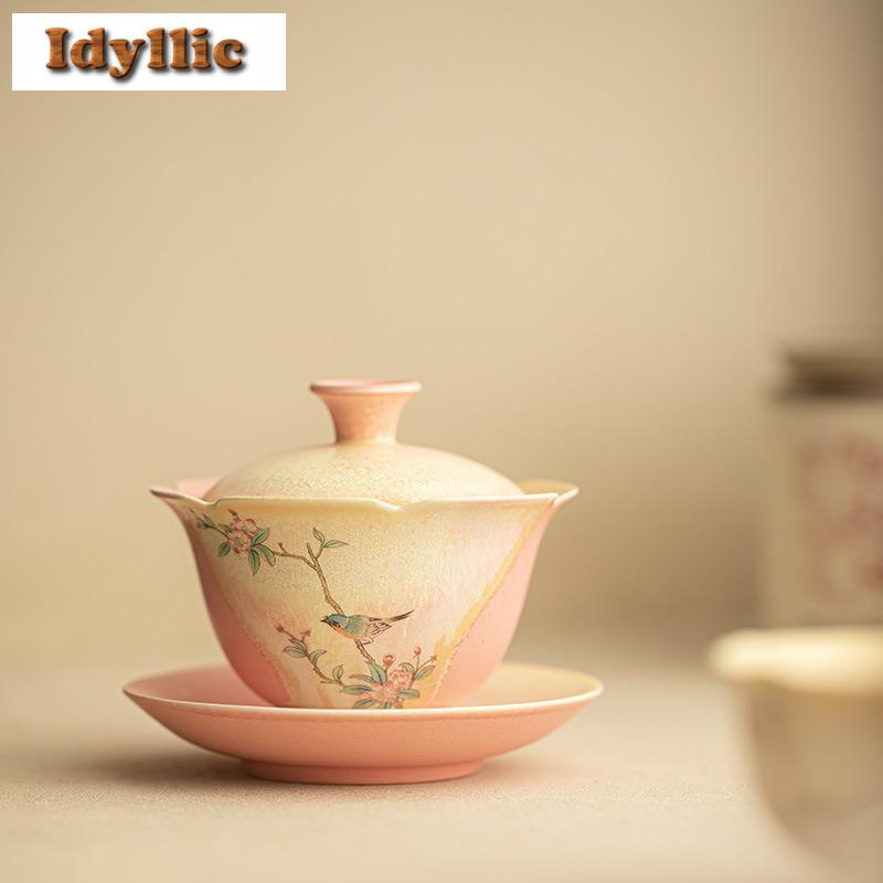 150ml Crystal Glaze Flower And Bird Gaiwan Creative Tea Tureen Tea Bowl With Lid Kit Tea Brewing Cover Bowl For Tea Decoration