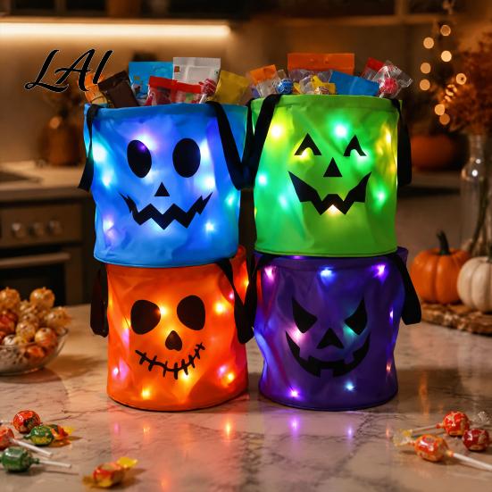 Große Vorratsbehälter für Süßigkeiten Halloween Leuchtende Kürbis-Tasche LED-Leuchtender Trick-or-Treat-Eimer Dekorative Behälter Süßigkeiten Wiederverwendbar Wasserdicht