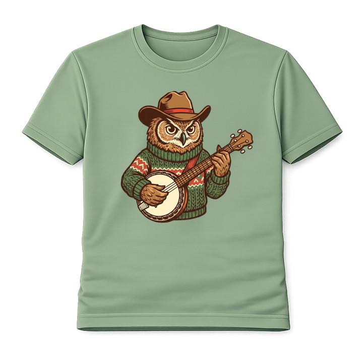 Owl Playing Banjo Vintage Illustration T-Shirt Folk Music Animal Unisex Tee S
