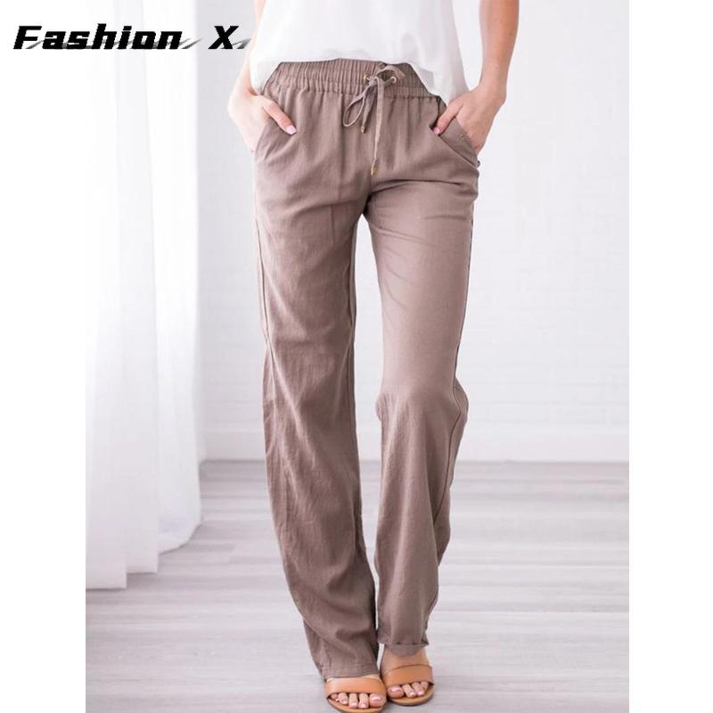 Pantaloni da donna larghi a gamba larga tinta unita cotone lino coulisse pantaloni casual