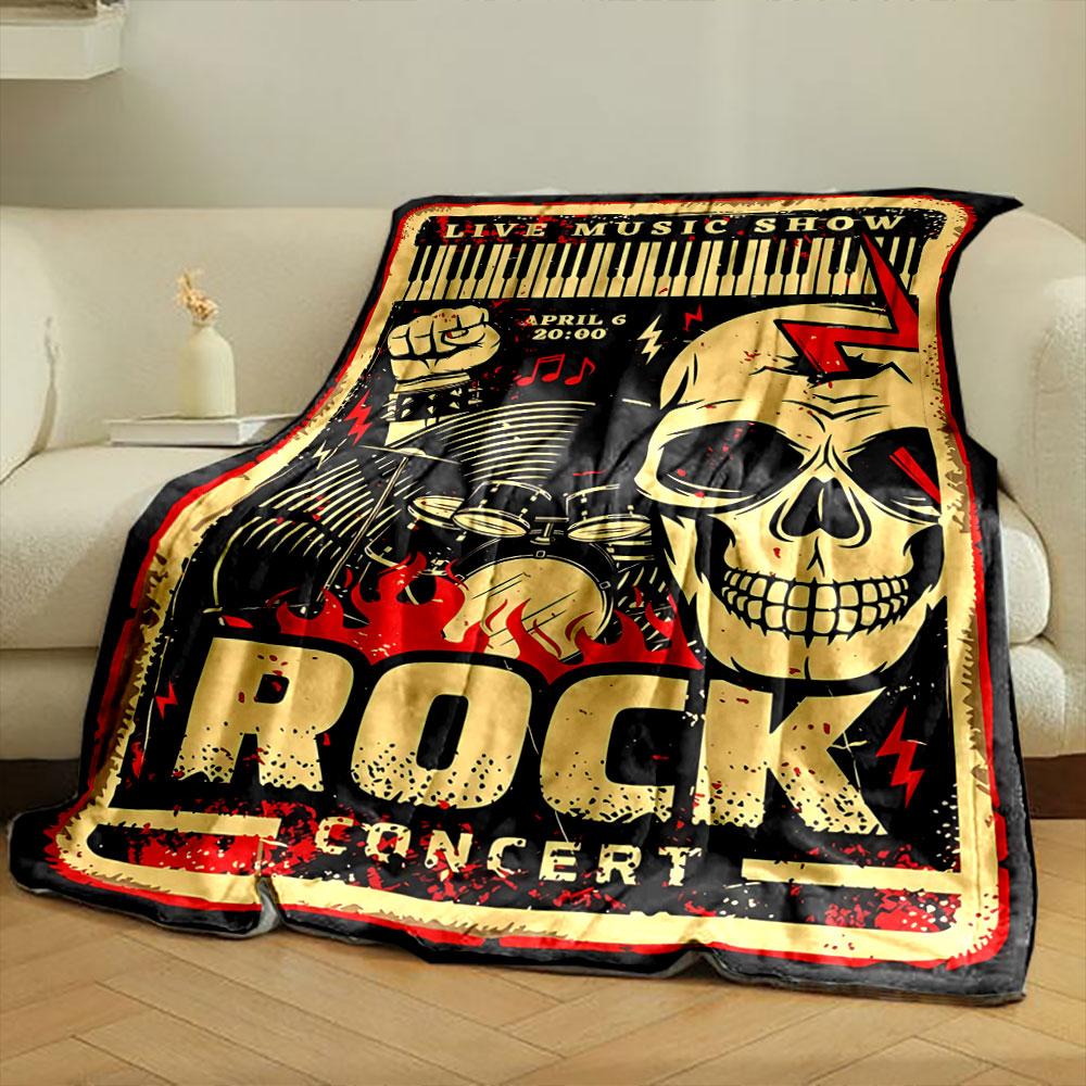A rock concert poster with bold skull, flames, and musical motifs. for all seasons blanket lunch break throw gift